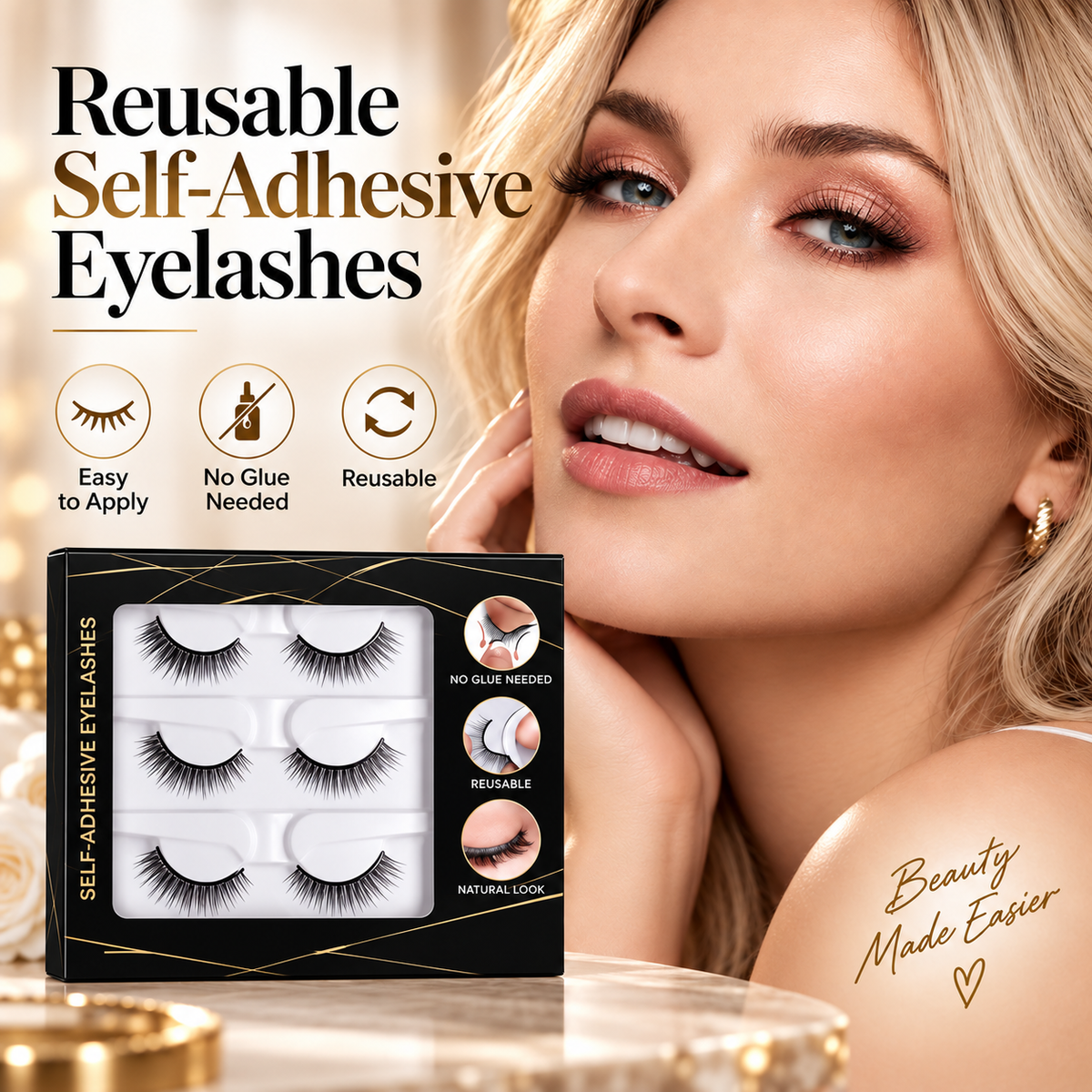 Glue-Free Self-Adhesive Lashes – 3-Second, Natural & Reusable